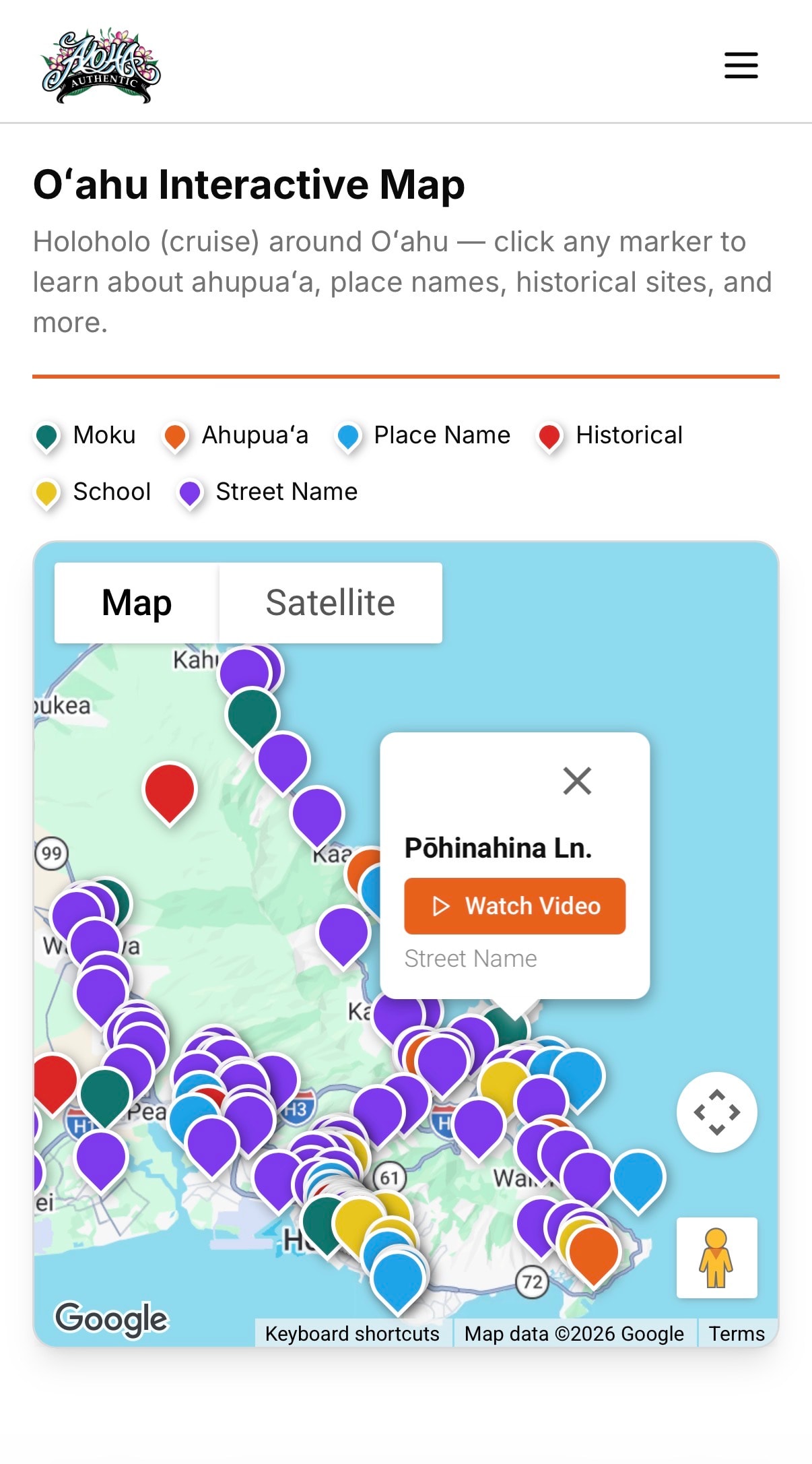 Oʻahu Interactive Map on mobile showing color-coded markers for street names, historical sites, and more